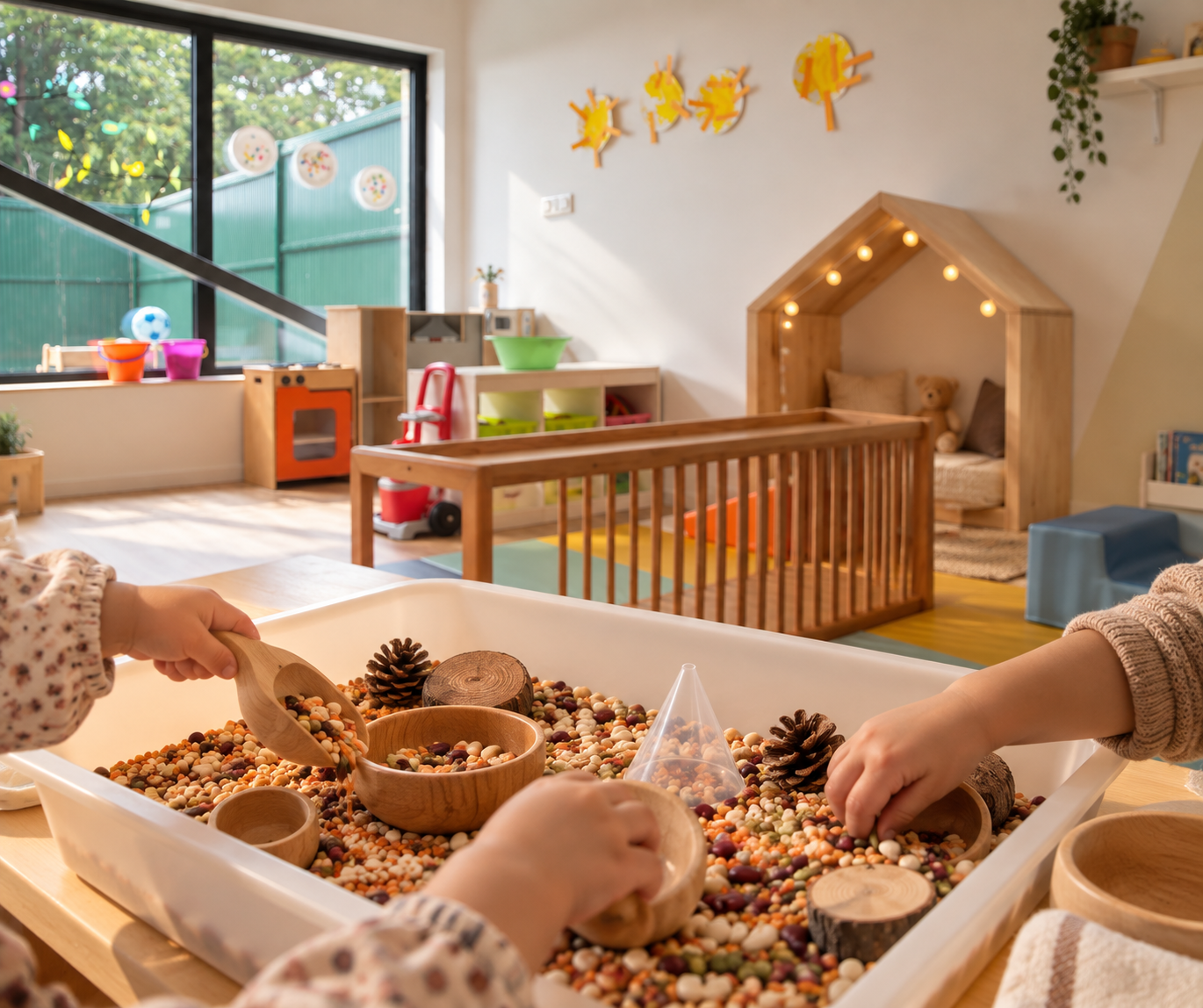 Mains d'enfants explorant un bac sensoriel rempli de graines et d'éléments naturels