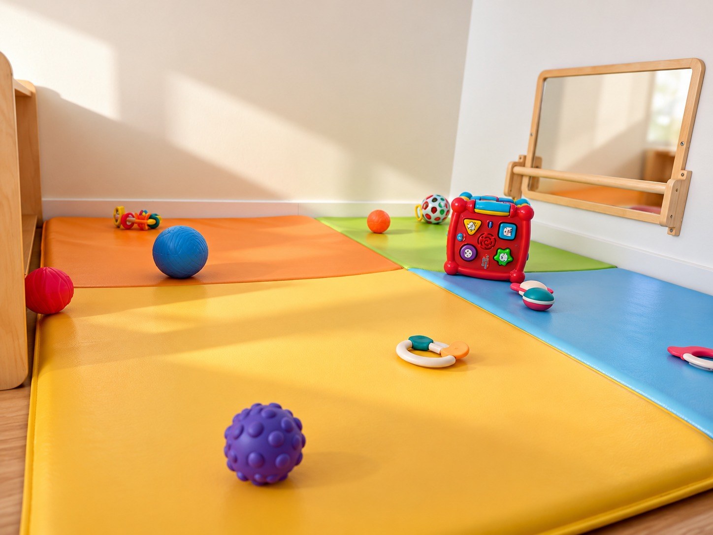 Tapis d'éveil colorés avec balles sensorielles, hochets et miroir à hauteur des tout-petits