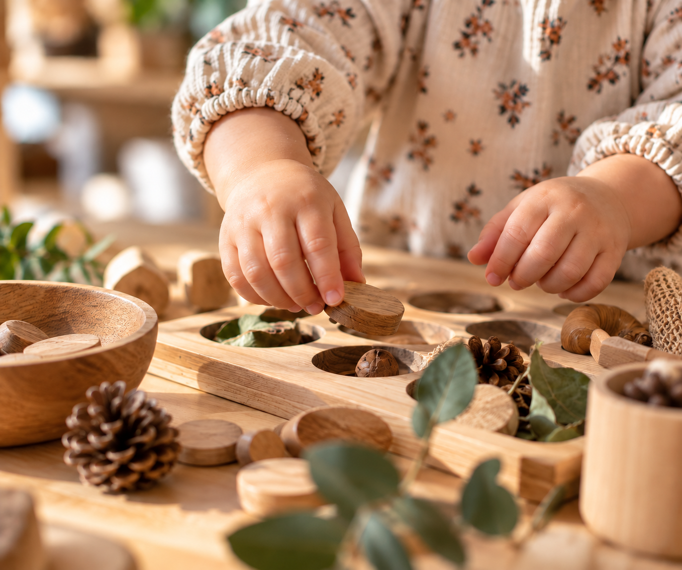 Mains d'un enfant manipulant des pièces en bois, feuilles et pommes de pin