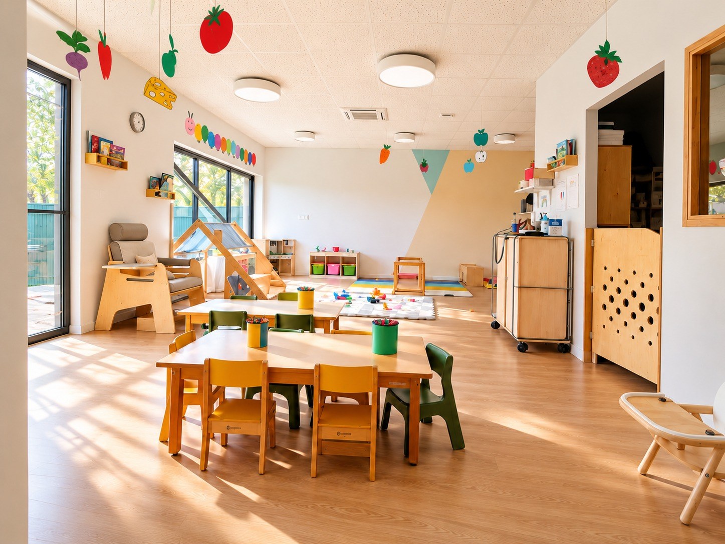 Salle d'activités de la micro-crèche avec petites tables, chaises et jeux en bois